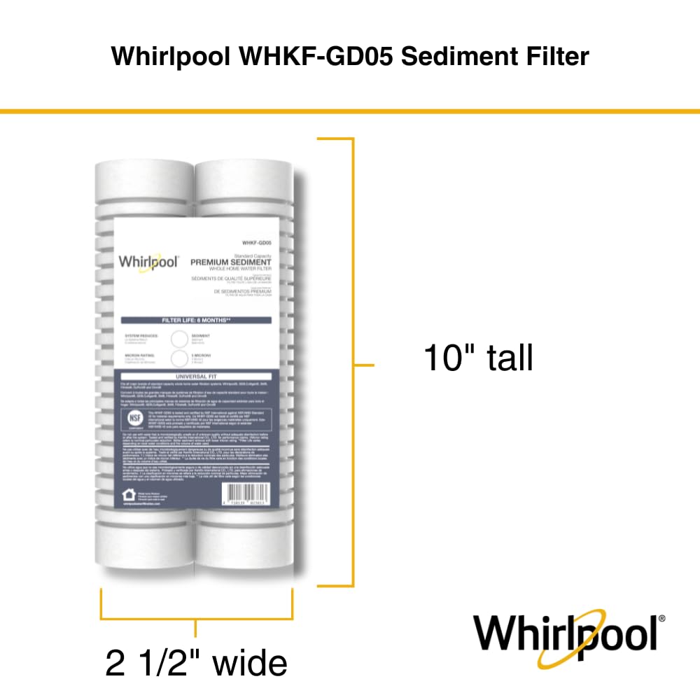 Whirlpool 10" x 2.5" Whole Home Standard Capacity Sediment Filters WHKF-GD05, 5 Micron, 6-Month Filter Life, Reduces Sediment, Sand, Soil, Silt & Rust, for Standard Filter housings, 2-Pack