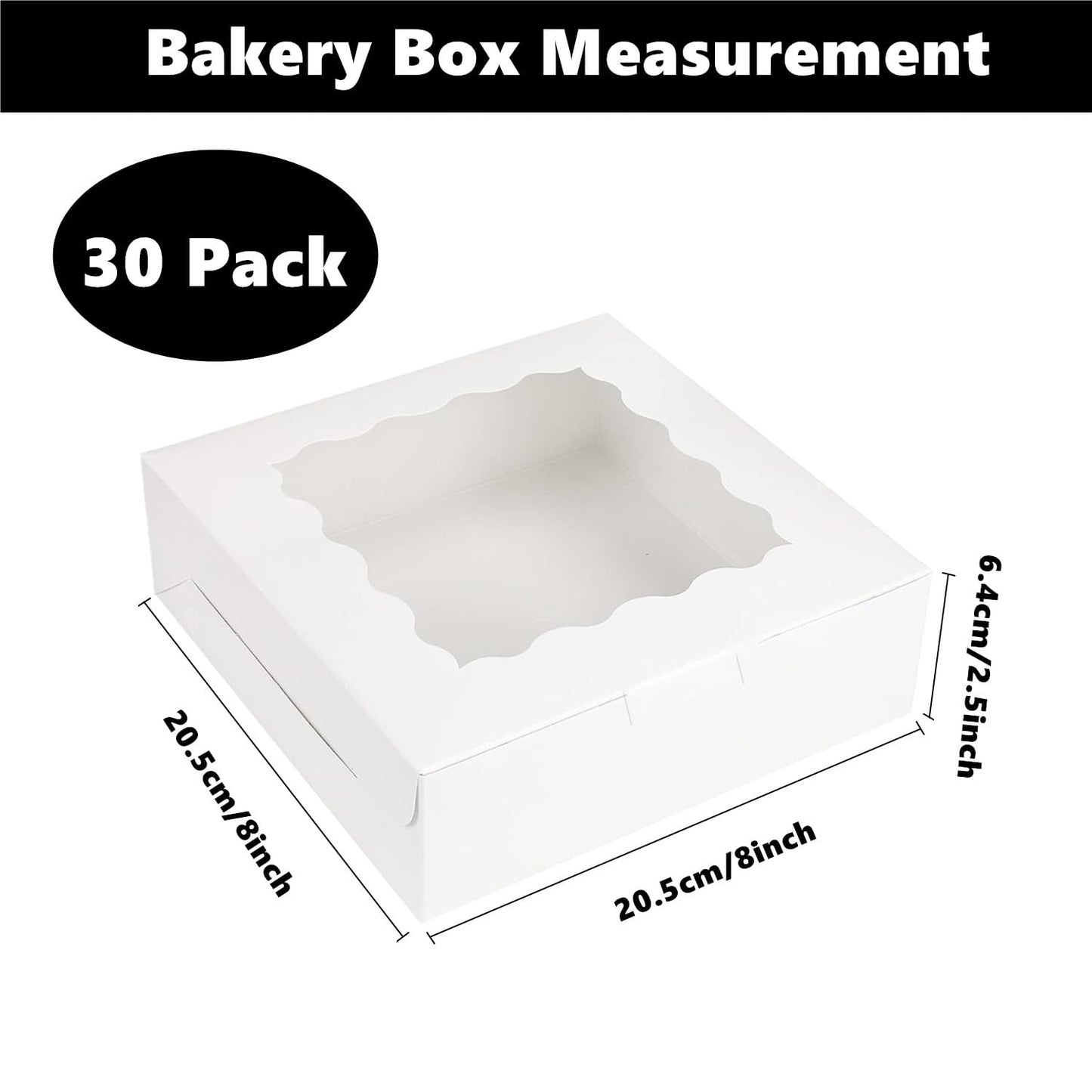 30 Pack White Bakery Boxes 8x8x2.5 Inches with Window, 8 inch Donuts Pie Boxes, Strawberries Boxes Packaging, Cookie Treat Boxes, Cake Boxes,Pastry Boxes with Stickers for Desserts Party Favor