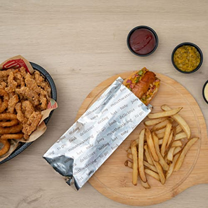 Restaurantware-Bag Tek 3.7 x 1.2 x 9.2 Inch Hot Dog Bags, 100 Small Hot Dog Wrappers - Greaseproof, Freezer-Safe, Printed Foil Accessories, Heat-Resistant, Non-Vented