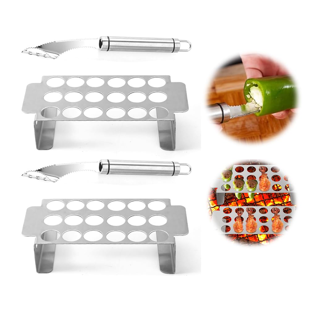 2 Pcs Stainless Steel Chili Grills with 2 Jalapeno Corer Tools, Outdoor BBQ Non-Stick Grills, Jalapeno Popper Holder for Grills, Perfect for Cooking Chili, Chicken Legs, 18 Funnel Holes Grill Tools