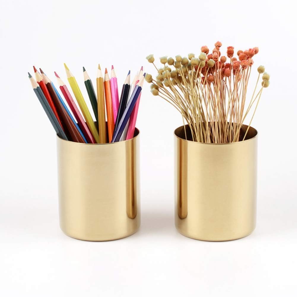 2PCS Gold Pen Holder, Round Pencil Cup Stainless Steel Makeup Brush Holder Desktop Stationery Organizer for Office and Vanity Desk