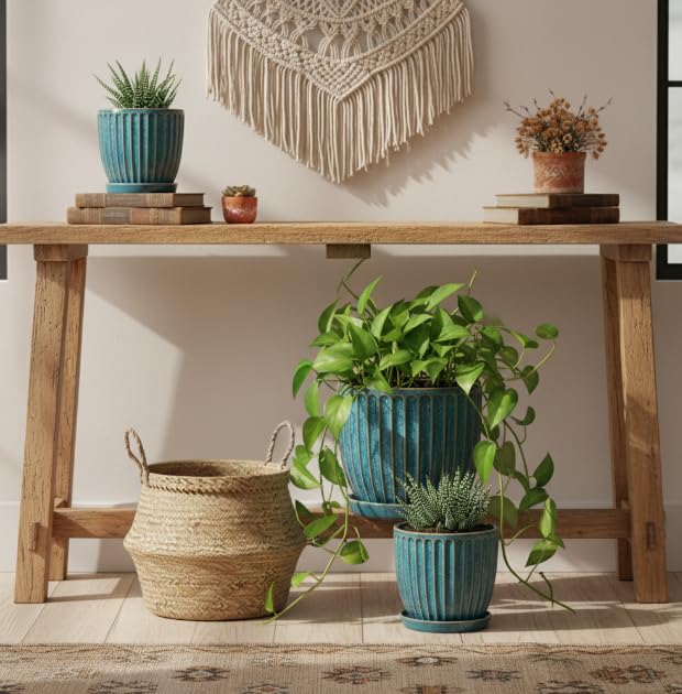 6 Inch Ceramic Plant Pots with Drain Hole & Saucer, Ceramic Pots for Indoor Plants - Succulent, Snake Plant, Money Tree, Aloe Vera, Basil Planter（Glaze Blue）