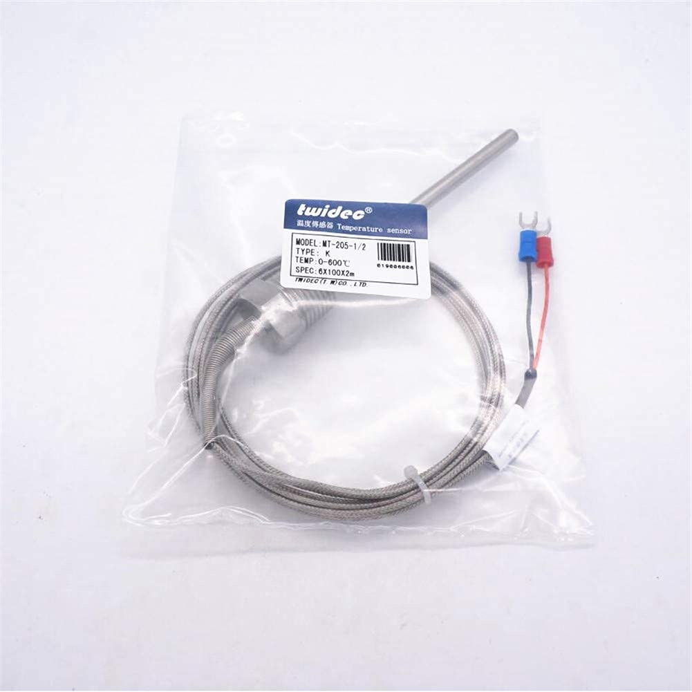 Twidec/2M NPT 1/2"inch Pipe Thread (6X100MM) Temperature Sensor Probe Two Wire Temperature Controller (0~600℃) 304 Stainless Steel K Type Thermocouple MT-205-1/2-6X100