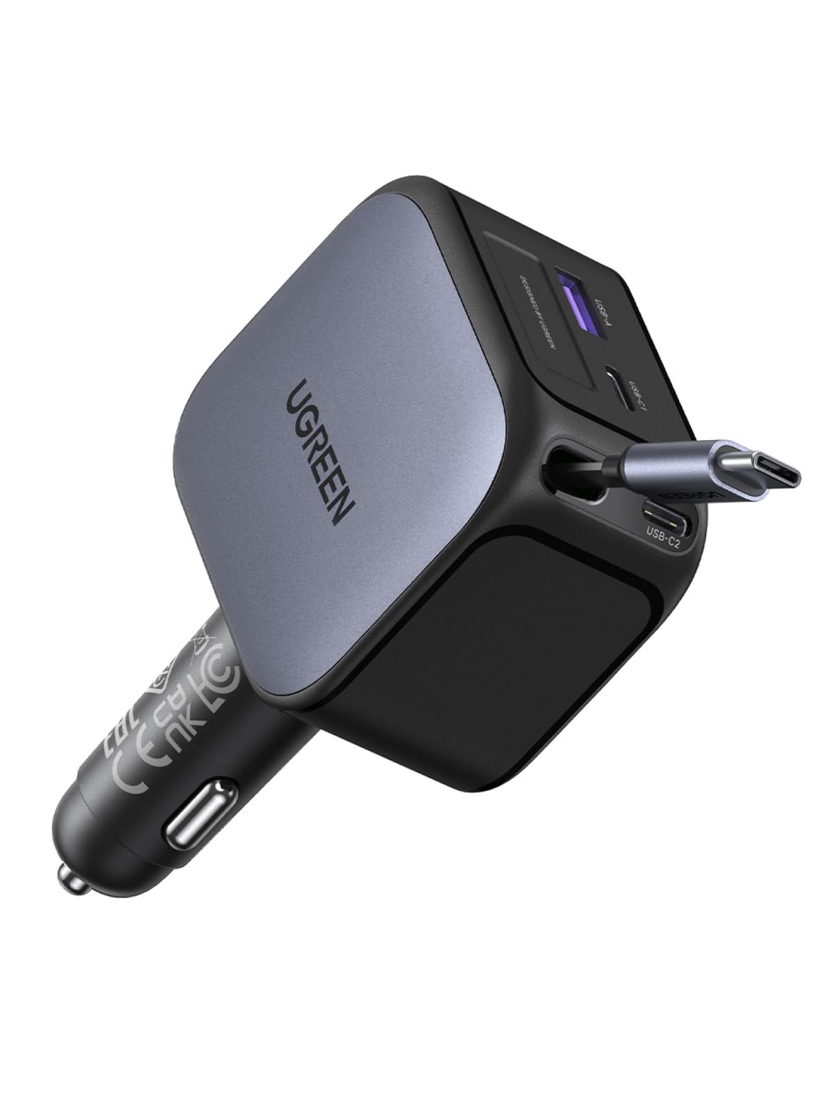 UGREEN 145W Retractable Car Charger, 4-Ports Car Phone Charger Fast Charging with 60W Retractable USB C Cable, Cigarette Lighter Adapter Compatible with iPhone 17 16 15 Pro Max, Galaxy S25 S24 Ultra