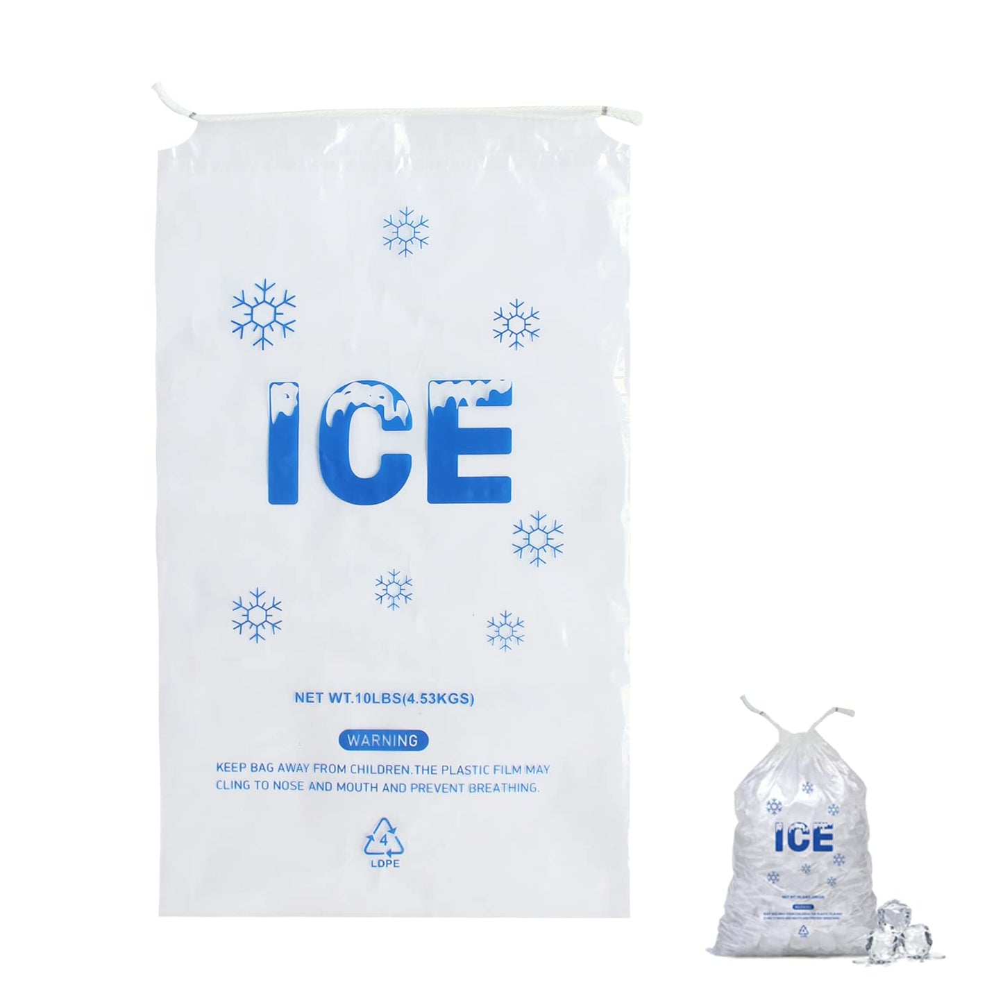 Belinlen 100 Pack 10 lb. Plastic Drawstring Ice Bags 12 x 21 Inch Heavy-Duty Plastic Ice Bags with Cotton Draw String (2mil Thickness)