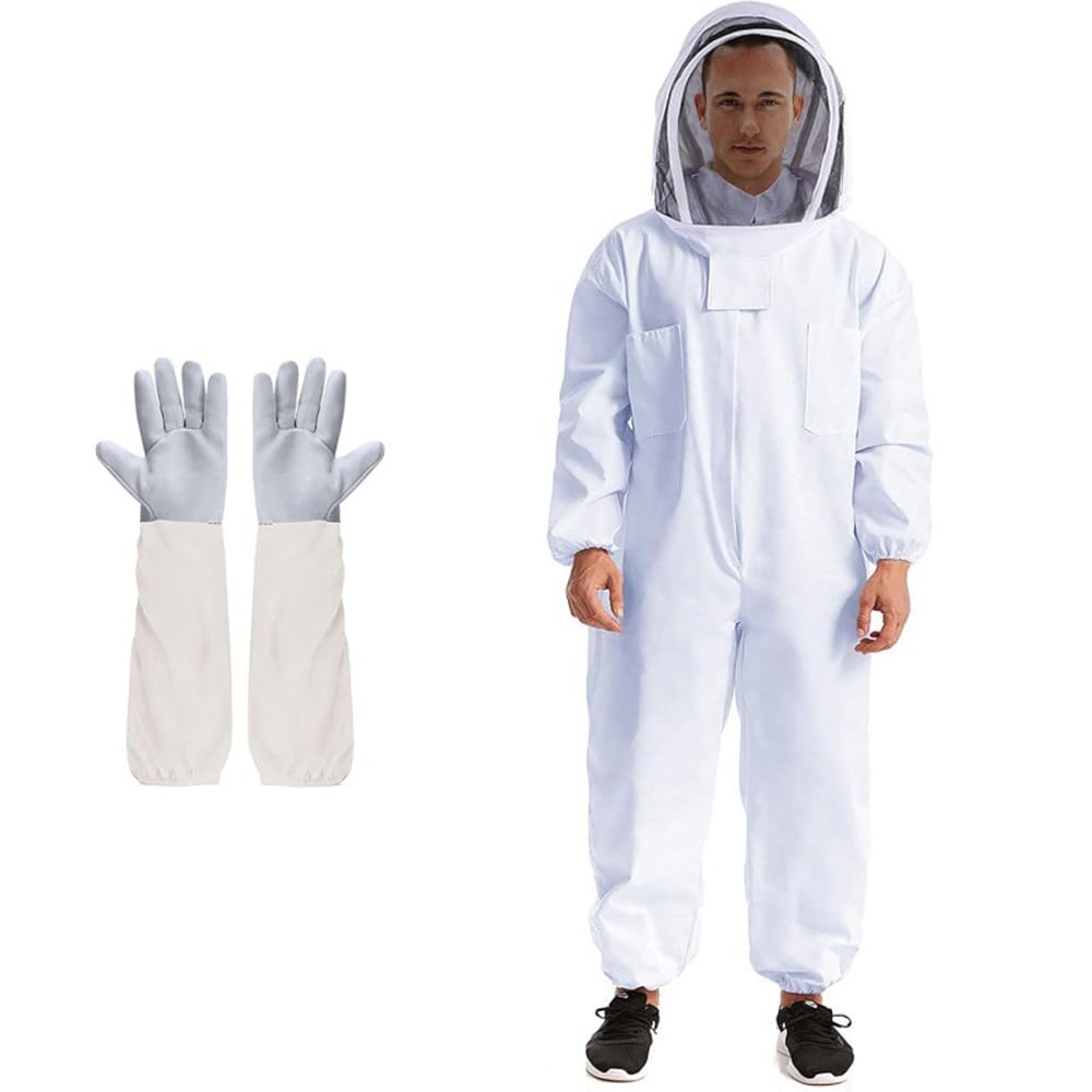 Beekeeping Suit Protective Equipment Bee Keeping Full Body Cloth with Veil Hood Total Protection Professional for Women Men, Beekeeper Costume and Beginner Sheepskin Gloves