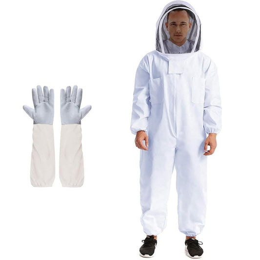 Beekeeping Suit Protective Equipment Bee Keeping Full Body Cloth with Veil Hood Total Protection Professional for Women Men, Beekeeper Costume and Beginner Sheepskin Gloves
