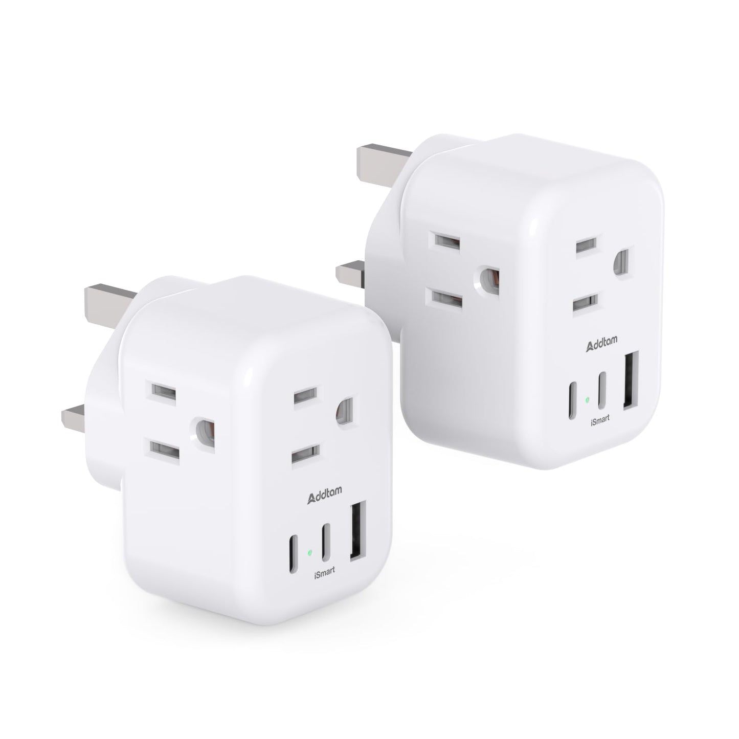 2-Pack US/CA to UK Ireland Travel Plug Adapter, Addtam Type G Power Outlet Adapter with 3 AC Outlets 3 USB(2 USB C), Travel Essentials for USA to Dubai Scotland British London England Hong Kong Irish