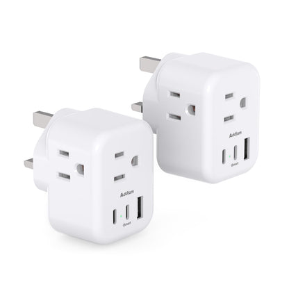 2-Pack US/CA to UK Ireland Travel Plug Adapter, Addtam Type G Power Outlet Adapter with 3 AC Outlets 3 USB(2 USB C), Travel Essentials for USA to Dubai Scotland British London England Hong Kong Irish