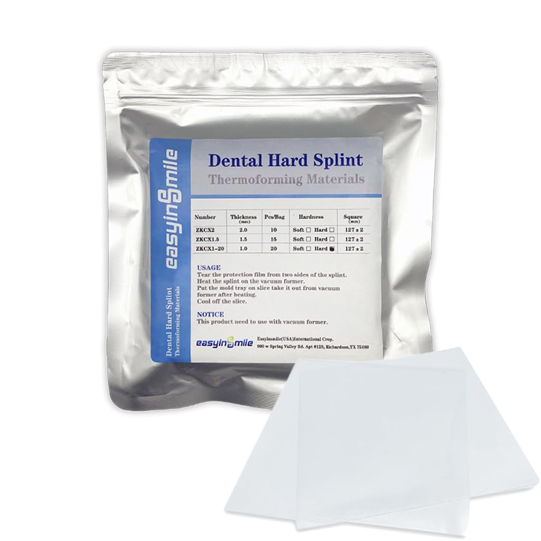 Dental Hard Splint, Thermoforming Materials for Vacuum Forming Machine 5''x 5'' (1.0MM-20PCS)