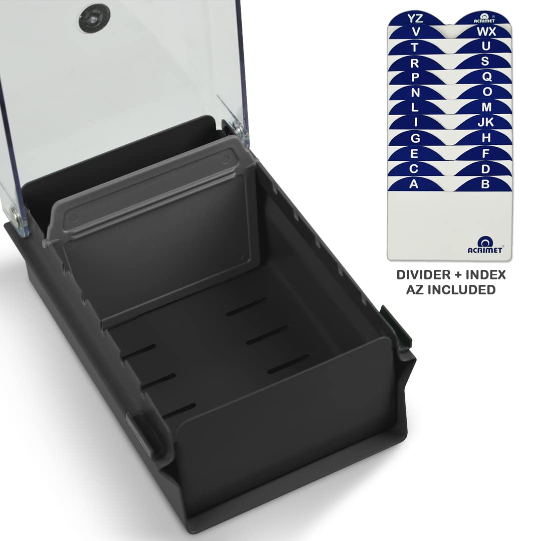 Acrimet Index Business Card Size File Holder Organizer Box Metal Base Heavy Duty (AZ Index Cards and Divider Included) (Black Color with Clear Crystal Plastic Lid Cover)