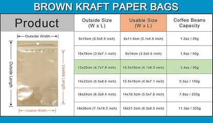 WACCOMT Pack Clear Kraft Paper Bags Zipper Packets Resealable Bag Seeds Envelopes for Zip Food Storage Bag Lock Flat Transparent Plastic Packaging Bag (100, 4.72x7.87 inch(12x20cm))