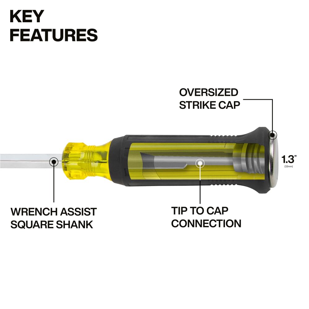 Klein Tools 6004DD 1/4-Inch Keystone Demolition Driver, Steel Tip-to-Cap Construction, Cushion-Grip Handle, Oversized Strike Cap, Square Shank with Wrench Assist