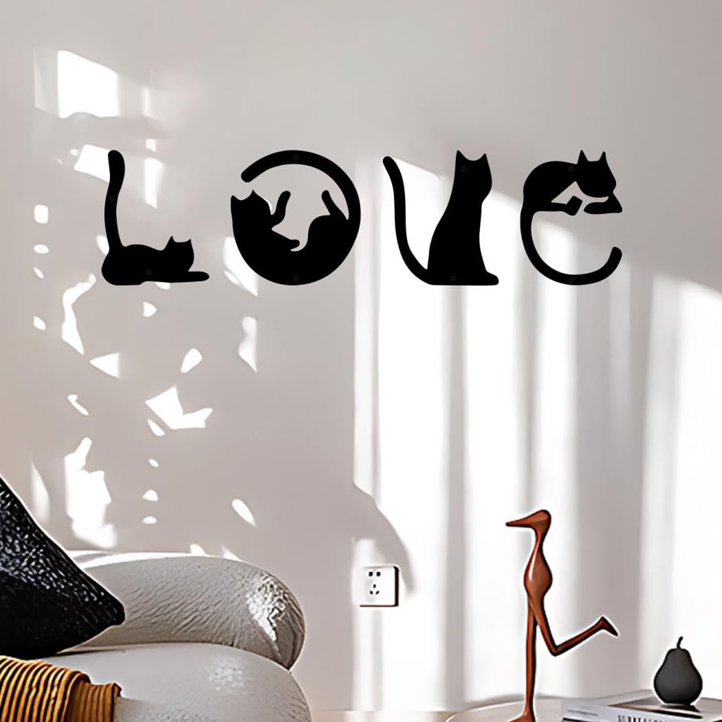 Set of 4 Black Metal Cat Wall Art, 3D Modern Metal Wall Decor, Black Cat Wall Sculpture for Living Room Love Signs for Home Decor, Mother's Day Birthday White Elephant Gifts for Women Men