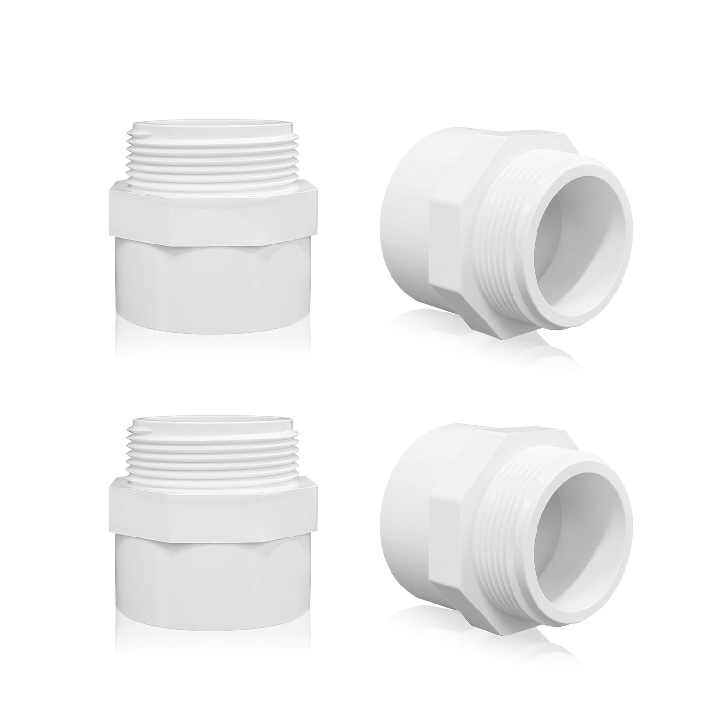 QruiLanTu 4Pcs 1 1/2" White 2-Way PVC Pipe Coupling Adapter Hex Nipple NPT Male Thread Pipe Coupling Adapter Connectors for 1 1/2 Inch PVC Pipe Socket x NPT Male