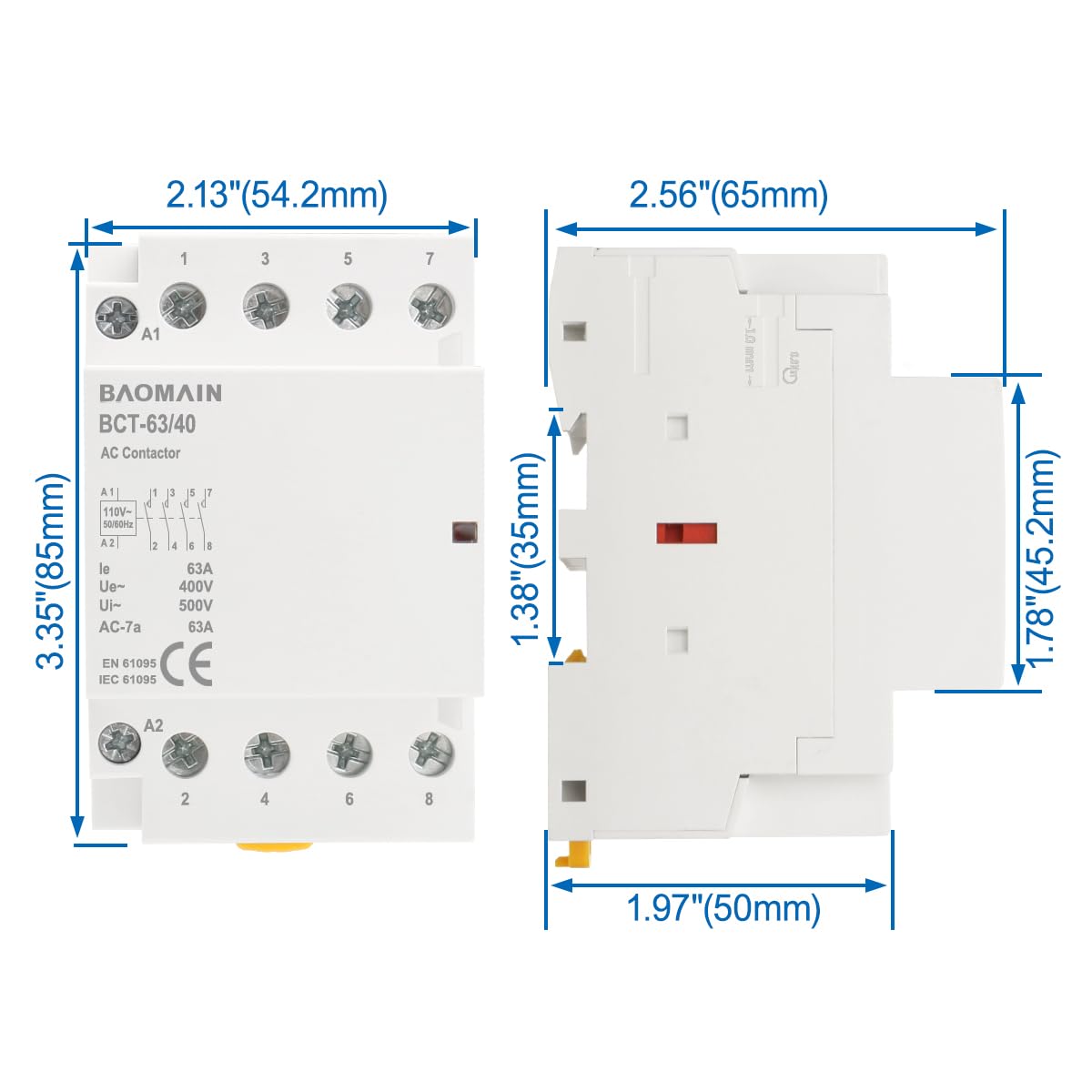 Baomain 110V AC 4-Pole Modular Contactor, 63A 4NC Normally Closed, DIN Rail Mount for HVAC, Motor, Pump & Lighting Control BCT-63/04-110VAC
