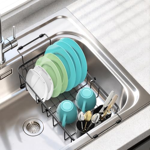 Ceecysaa Dish Drying Rack, Expandable Over The Sink Dish Drying Rack,Adjustable Dish Rack in Sink,Dish Drainer with Utensil Rack & Handle (30-42.5cm) for Kitchen Counter,Metal,Black
