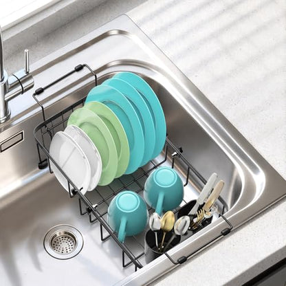 Ceecysaa Dish Drying Rack, Expandable Over The Sink Dish Drying Rack,Adjustable Dish Rack in Sink,Dish Drainer with Utensil Rack & Handle (30-42.5cm) for Kitchen Counter,Metal,Black