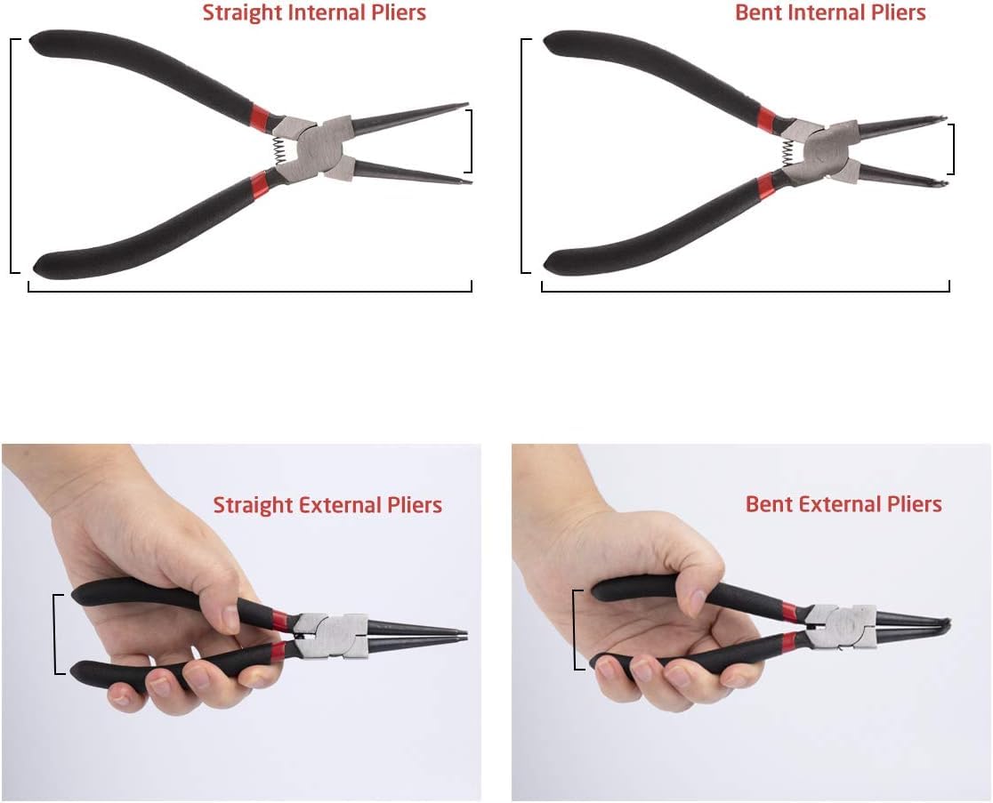 KEJJNYER 4 Pack Snap Ring Pliers Set, Heavy Duty C-Clip Plier, Internal/External Circlip Pliers, 7 inch Straight/Bent Retaining Ring Pliers for Lock/Remover with Portable Case