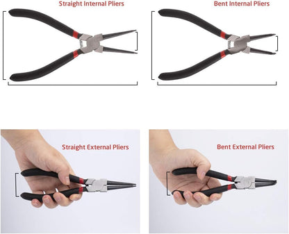 KEJJNYER 4 Pack Snap Ring Pliers Set, Heavy Duty C-Clip Plier, Internal/External Circlip Pliers, 7 inch Straight/Bent Retaining Ring Pliers for Lock/Remover with Portable Case