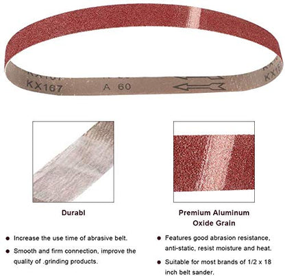 1/2 Inch x 18 Inch Sanding Belts, 8 Each of 60/80/120/180/240 Grits, Belt Sander Tool for Woodworking, Metal Polishing, 40Pack Aluminum Oxide Sanding Belt