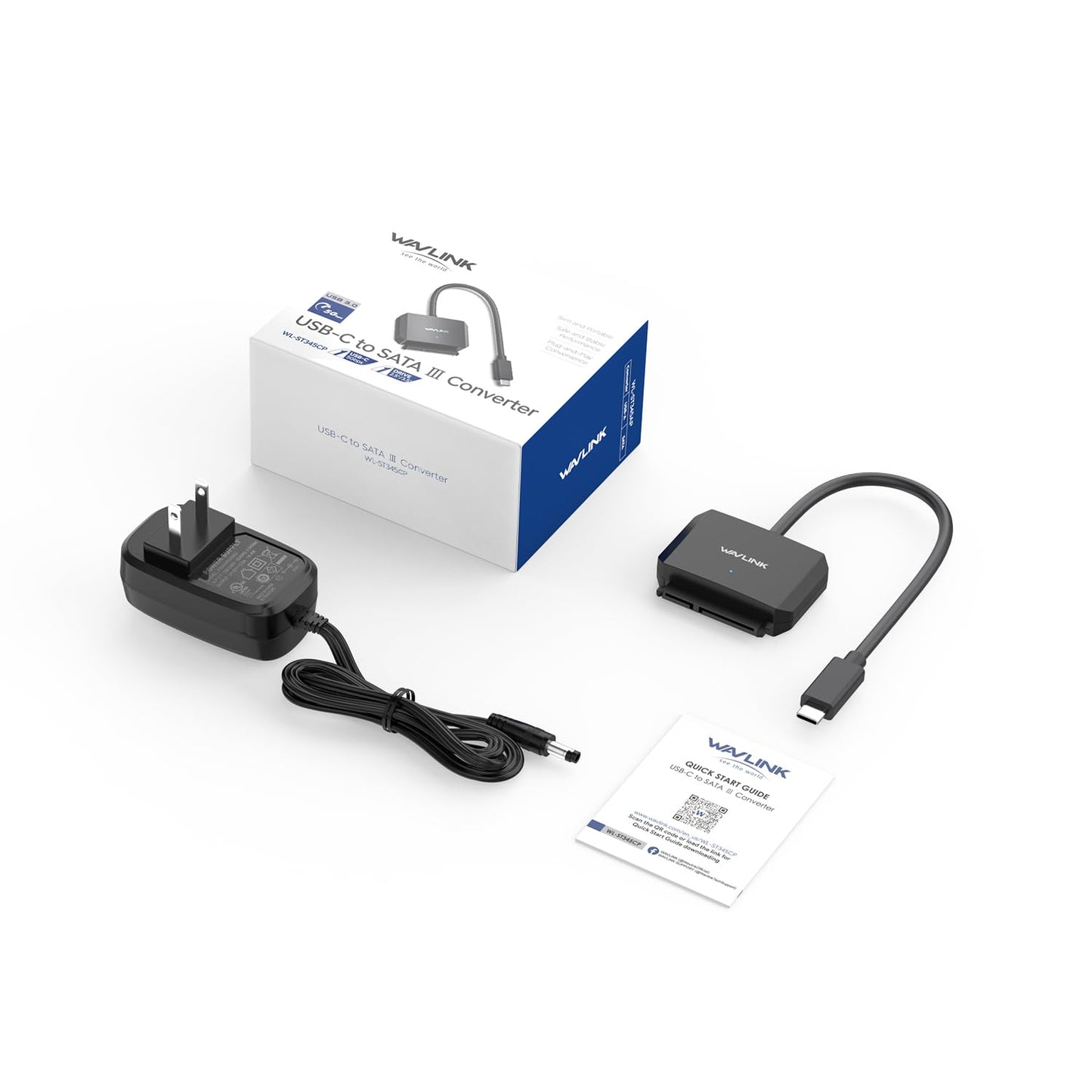 WAVLINK SATA to USB Type-C Hard Drive Cable, 5Gbps USB C to Sata Cable Support UASP, External Hard Drive SATA I/II/III Connector 2.5" SSD/HDD and 3.5" HDD up to 20TB, Power Adapter Included