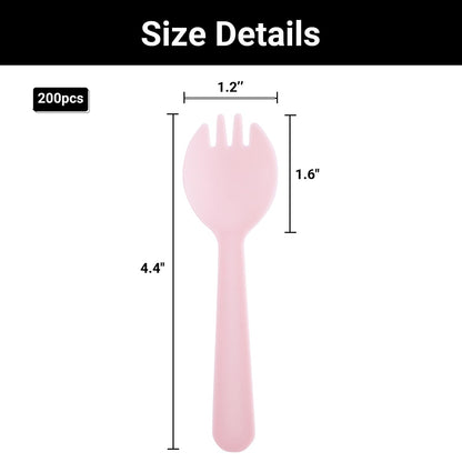 EUSOAR Mini Plastic Sporks, 200pcs 4.5"x1.3" Disposable Sporks, Heavy Duty Disposable Utensils Silverware Set Individually Wrapped Fork Spoon for Party Wedding Birthday Gathering-Pink