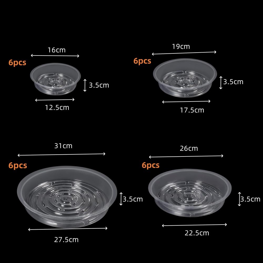 24 pcs Clear Plastic Plant Saucer Drip Trays,Large Plant Plate Dish 6, 8, 10, 12 Inches Pot Saucers Flower Pot Set, for Indoor Flower Pots and Planter