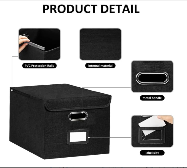 WEIANG Portable File Organizer Box, File Storage Box with Lid, Collapsible Linen Hanging Filing Storage Boxes with Plastic Slide, Durable Hanging File Box for Office/Decor/Home (Black,1pc)