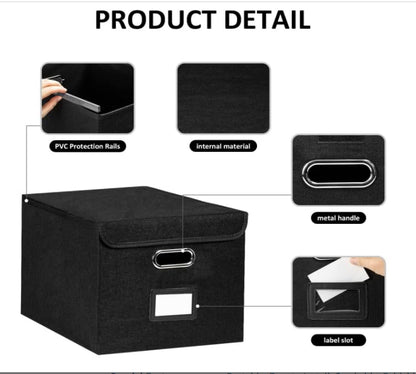 WEIANG Portable File Organizer Box, File Storage Box with Lid, Collapsible Linen Hanging Filing Storage Boxes with Plastic Slide, Durable Hanging File Box for Office/Decor/Home (Black,1pc)