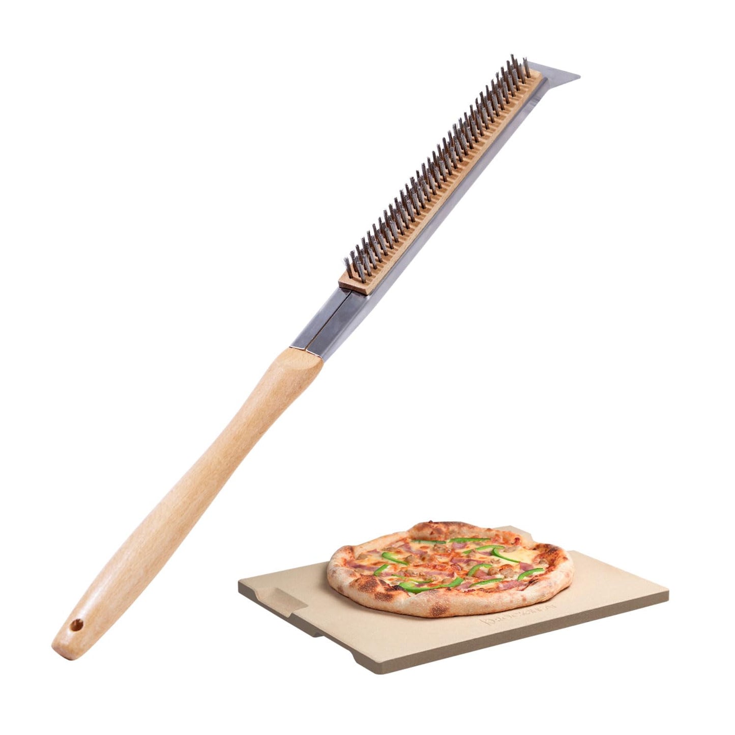 ROCKSHEAT Pizza Oven Brush, 20 Inch Grill Cleaning Brush with Scraper, Heat Resistant Stainless Steel Bristles, Beech Wood Handle, 2 in 1 Pizza Stones Brush, Ooni Ourdoor Pizza Oven Accessories