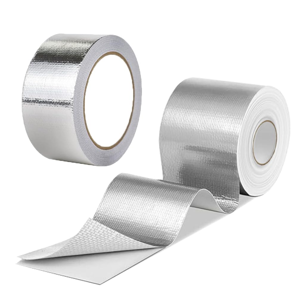 DEGEOBERLIN 2 Rolls High-Temp Heat Shield Tape Reflective Adhesive Backed Roll Thermal Barrier Foil Tape Self-Adhesive Heat Resistant Tape Cool Tapes for Hose and Auto (Silver, 2 Inch x 32 ft)