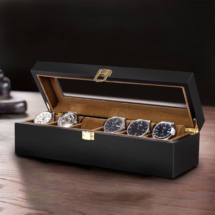 Baskiss 6 Slots Watch Box for Men, Solid Wood Luxury Display Storage Case Jewelry Organizer with Clear Top for Anniversary, Wedding, Birthday