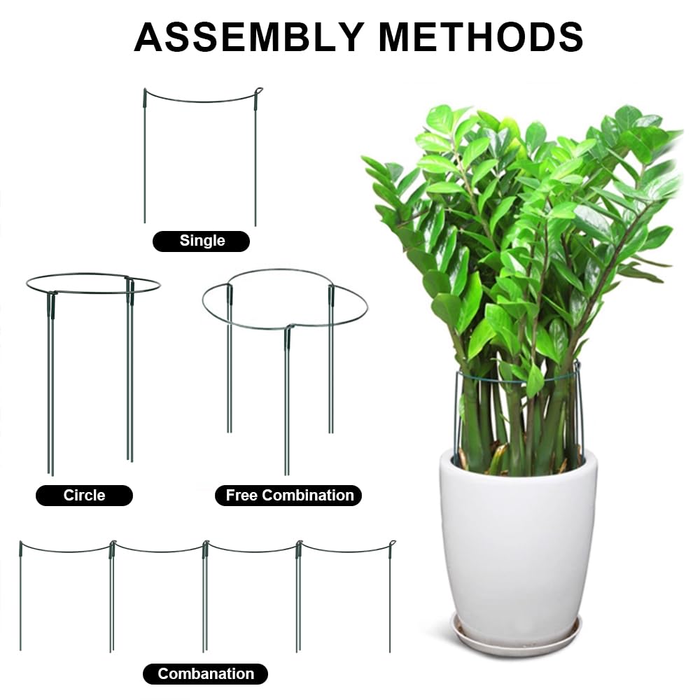 6 Pack Plant Support Stakes, Upgraded Extend Support Poles13-24 in, Metal Half Round Plant Support Ring with 10 Clips + 30m Ties +10 Label Inserts for Peonies, Tomatoes, Peonies Indoor/Outdoor