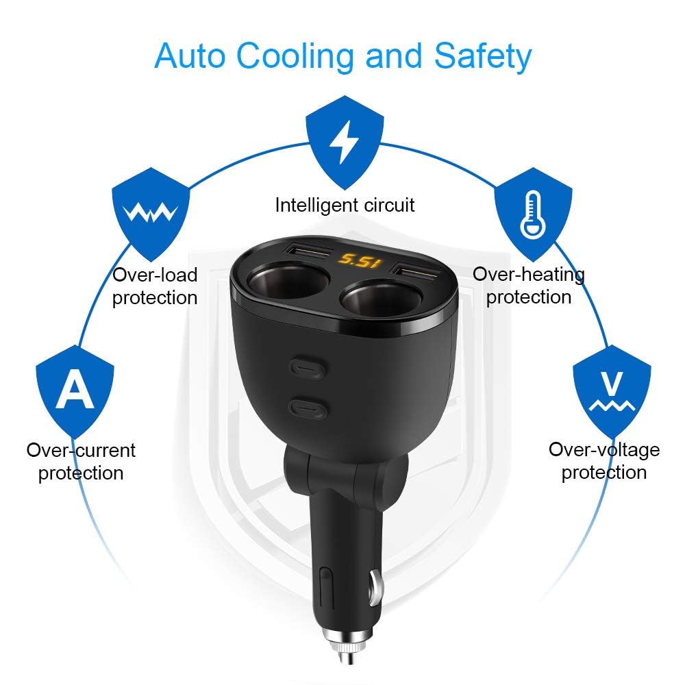 Rocketek USB Car Charger Splitter Adapter, 2 Socket Cigarette Lighter Multi Power Outlet 12V/24V 120W DC with LED Voltmeter Switch Dual USB Port for Mobile Phone Tablet GPS Dash Cam Samsung Tomtom