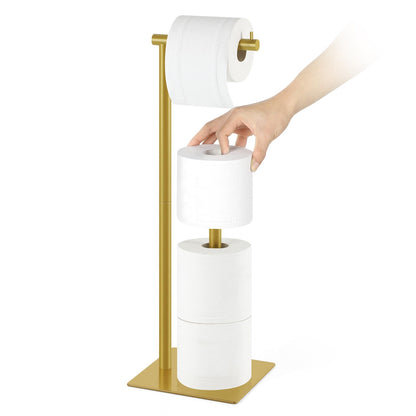 Toilet Paper Holder Stand Flash Gold Free Standing TP Holder, Metal Toilet Paper Roll Holder with Reserve Bathroom Tissue Storage Holder, Beige Gold
