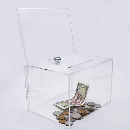 Xugoox Acrylic Donation Box with Lock, Ballot Box with Sign Holder, Secure Suggestion Box Storage Container Ticket Box Vote Box Drawing Box for Business Cards, Fundraising 4.72" x 6.25" x 4.01"