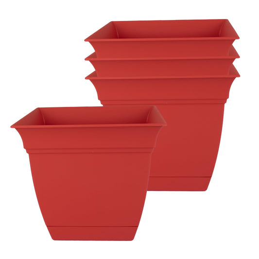 The HC Companies Eclipse Square Plastic Planter w/Attached Saucer - Outdoor & Indoor Plant Pot with Drainage Holes - Lightweight, UV-Resistant Plastic Pots for Plants (8" Red, Pack of 4)