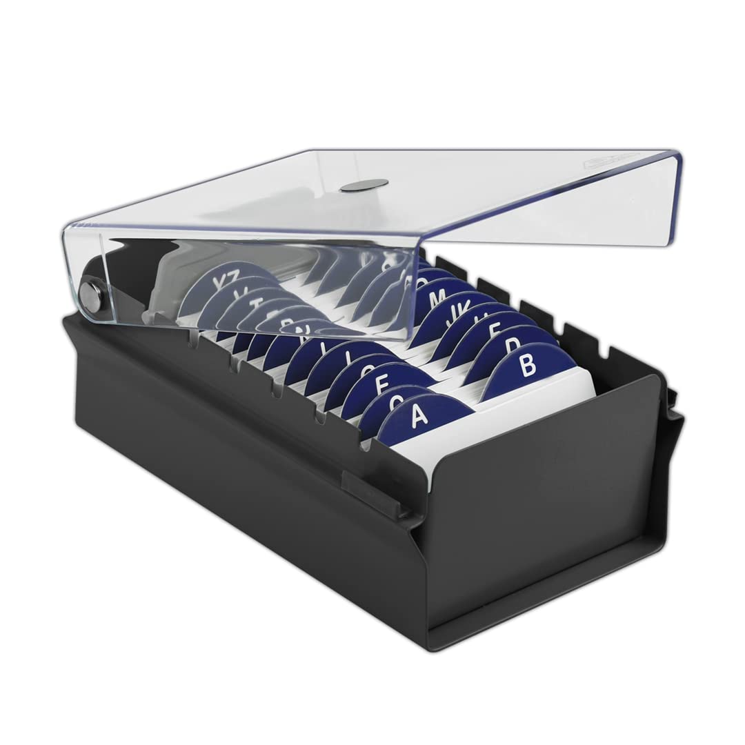 Acrimet Index Business Card Size File Holder Organizer Box Metal Base Heavy Duty (AZ Index Cards and Divider Included) (Black Color with Clear Crystal Plastic Lid Cover)