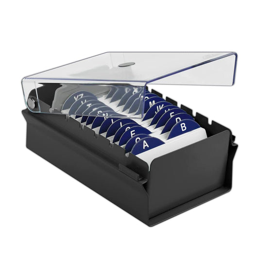 Acrimet Index Business Card Size File Holder Organizer Box Metal Base Heavy Duty (AZ Index Cards and Divider Included) (Black Color with Clear Crystal Plastic Lid Cover)