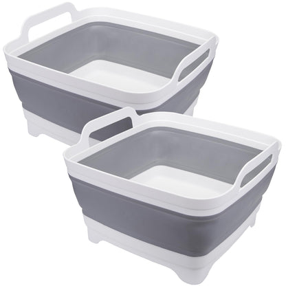 Suwimut 2 Pack Collapsible Wash Basin with Drain Plug Carry Handles, 9L Large Collapsible Sink Tub Portable Dish Tub Foldable Dishpan for Kitchen Sink, Camping Dish Washing Tub, Gray