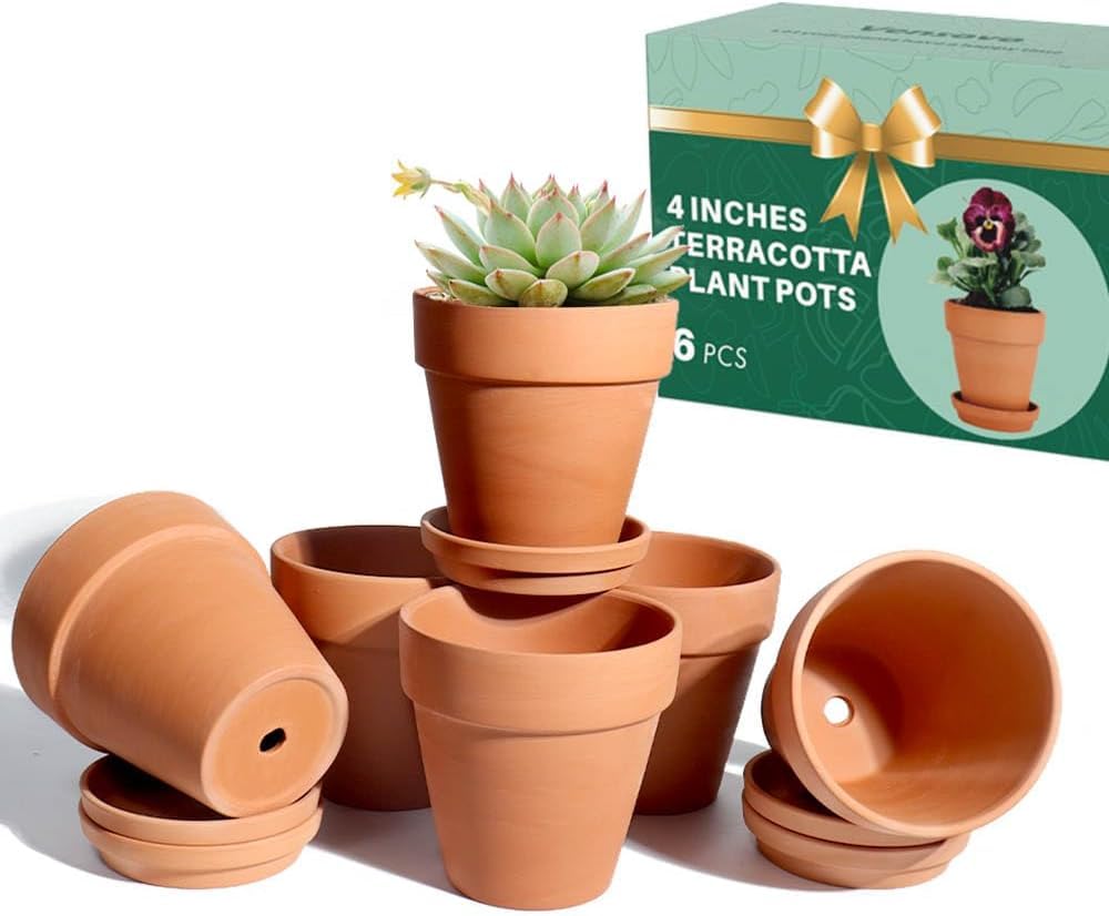4 Inch Terra Cotta Pots with Saucer - 6 Pack Clay Flower Pots with Drainage, Great for Plants, Crafts, Wedding Favor (4 inch)