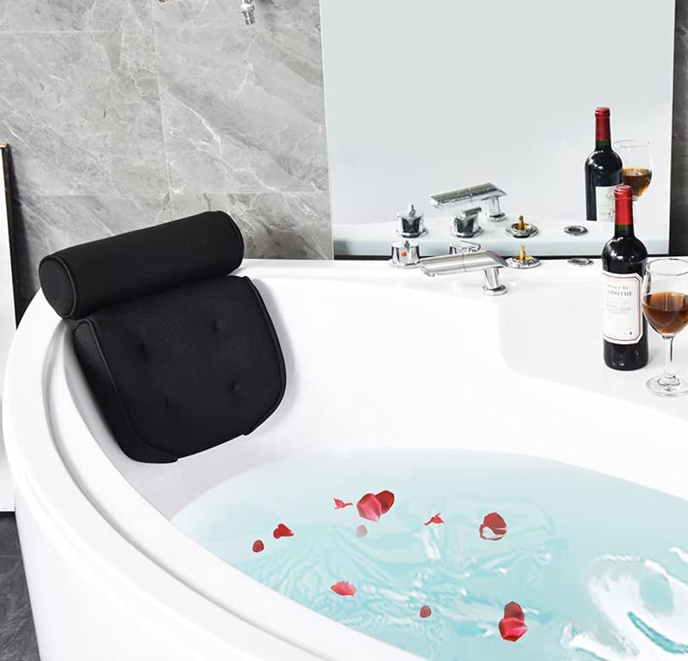 ALINK Bath Pillow Spa Bathtub Cushion Head,Neck,Shoulder and Back Support Rest with 4 Non-Slip Strong Suction Cups（Black）