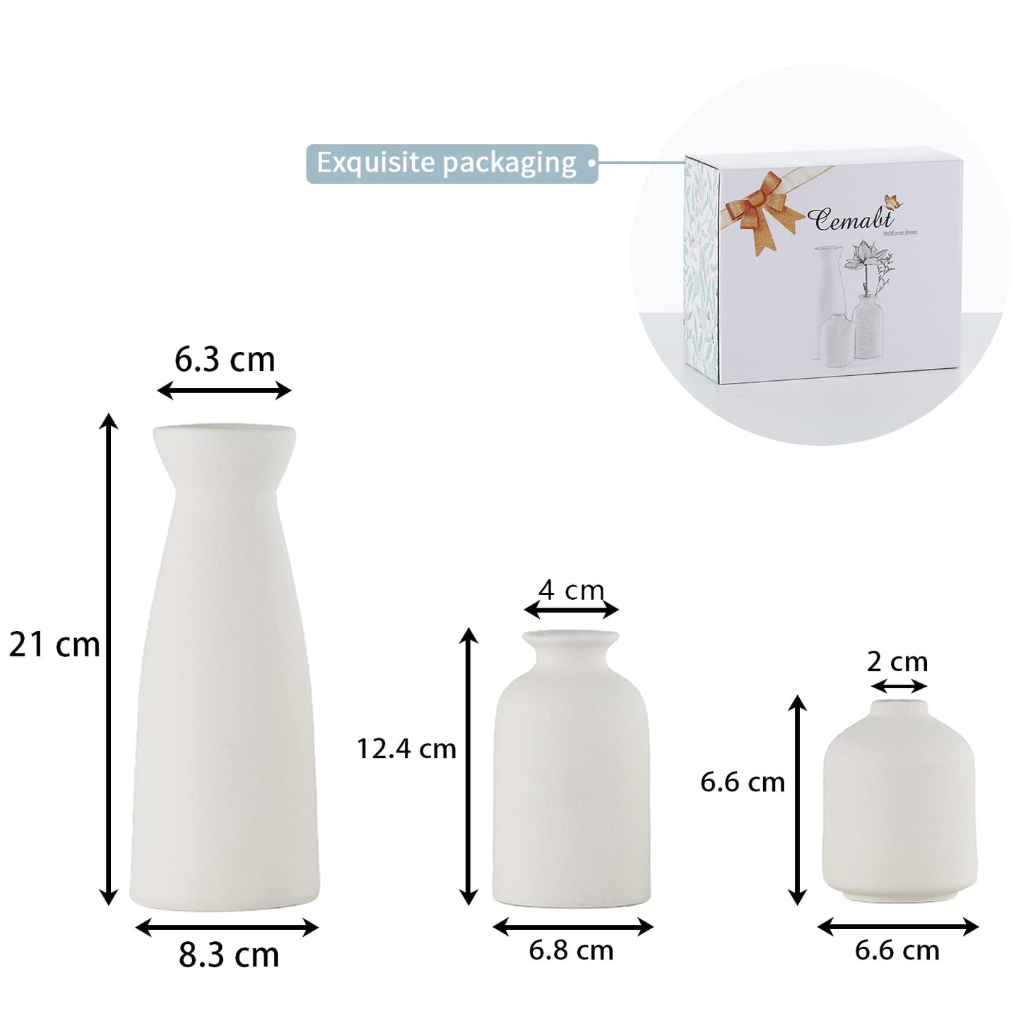 CEMABT White Ceramic vase Set-3 Small Flower vases for Decor,Modern Boho Farmhouse Home Decor,Decorative vase for Pampas Grass&Dried Flowers,idea Shelf,Table,Bookshelf ，Entryway- Distresse