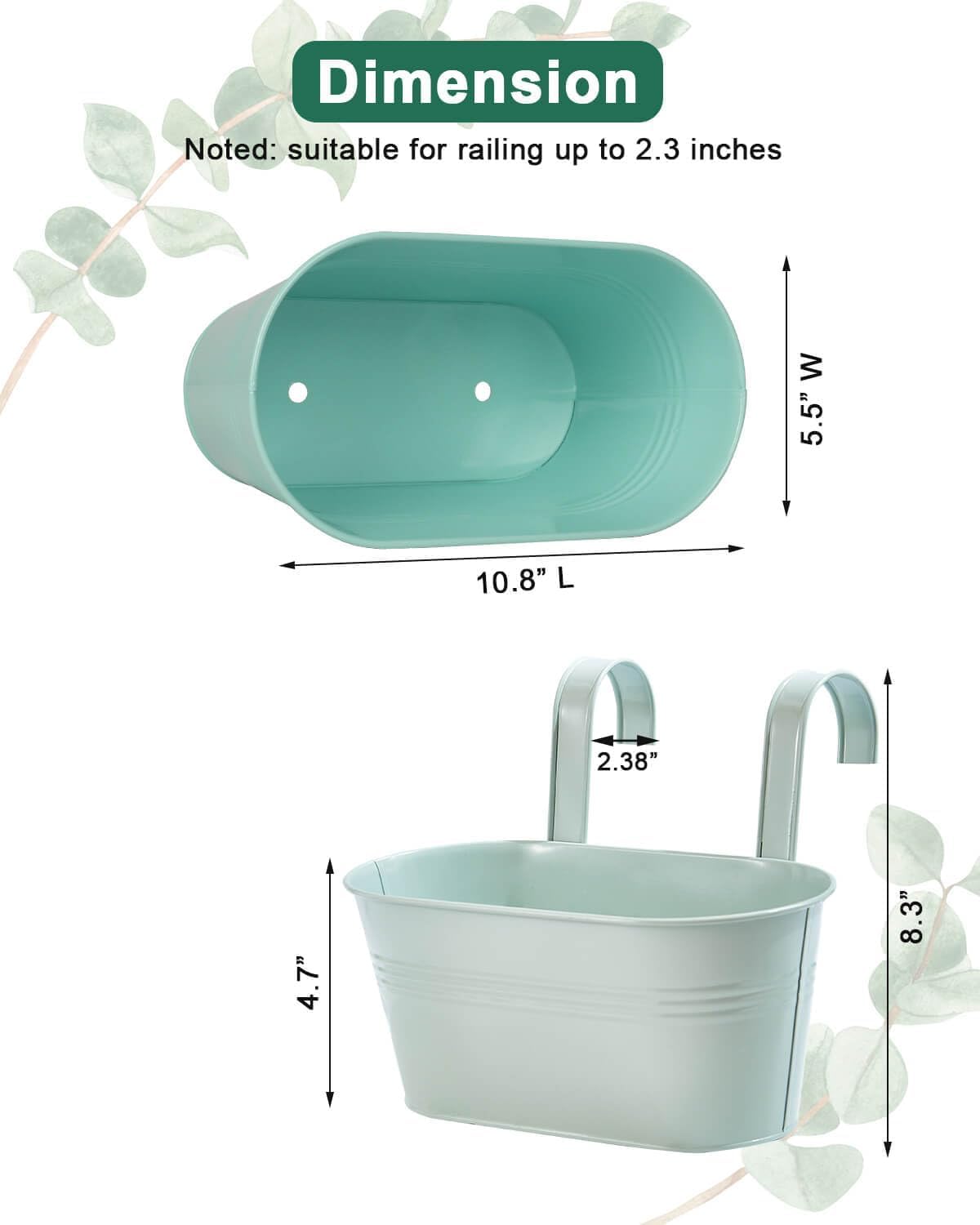 vensovo Metal Railing Planter for Outdoor Plants - 3 Pack Balcony Hanging Planter Box with Detachable Hooks and Drain Holes Oval Hanging Pots Fence Planters for Railing Garden Fence, Green