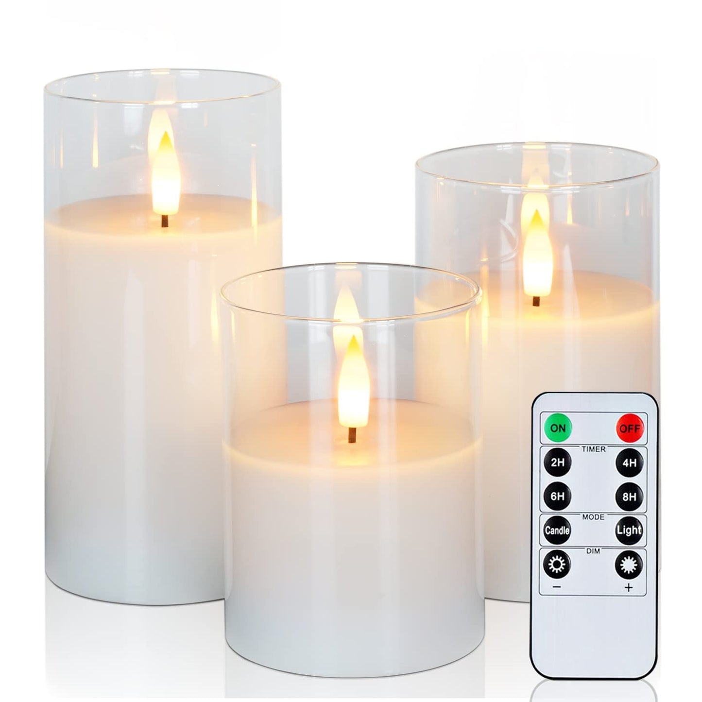 Clear Glass Flameless Candles Battery Operated with Timer, Remote Control, LED Pillar Candles Battery Powered, D3 H4 5" 6", Set of 3 (White)
