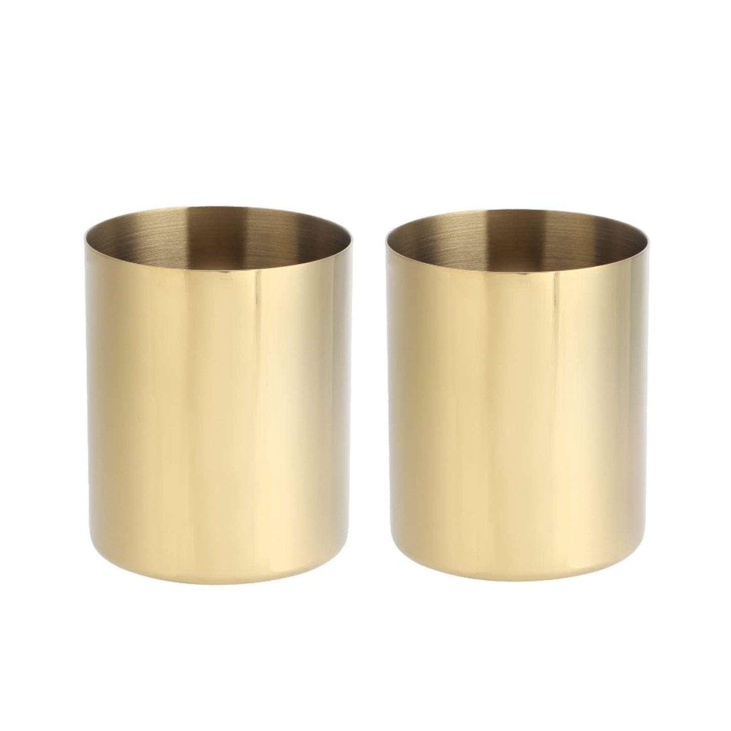 2PCS Gold Pen Holder, Round Pencil Cup Stainless Steel Makeup Brush Holder Desktop Stationery Organizer for Office and Vanity Desk