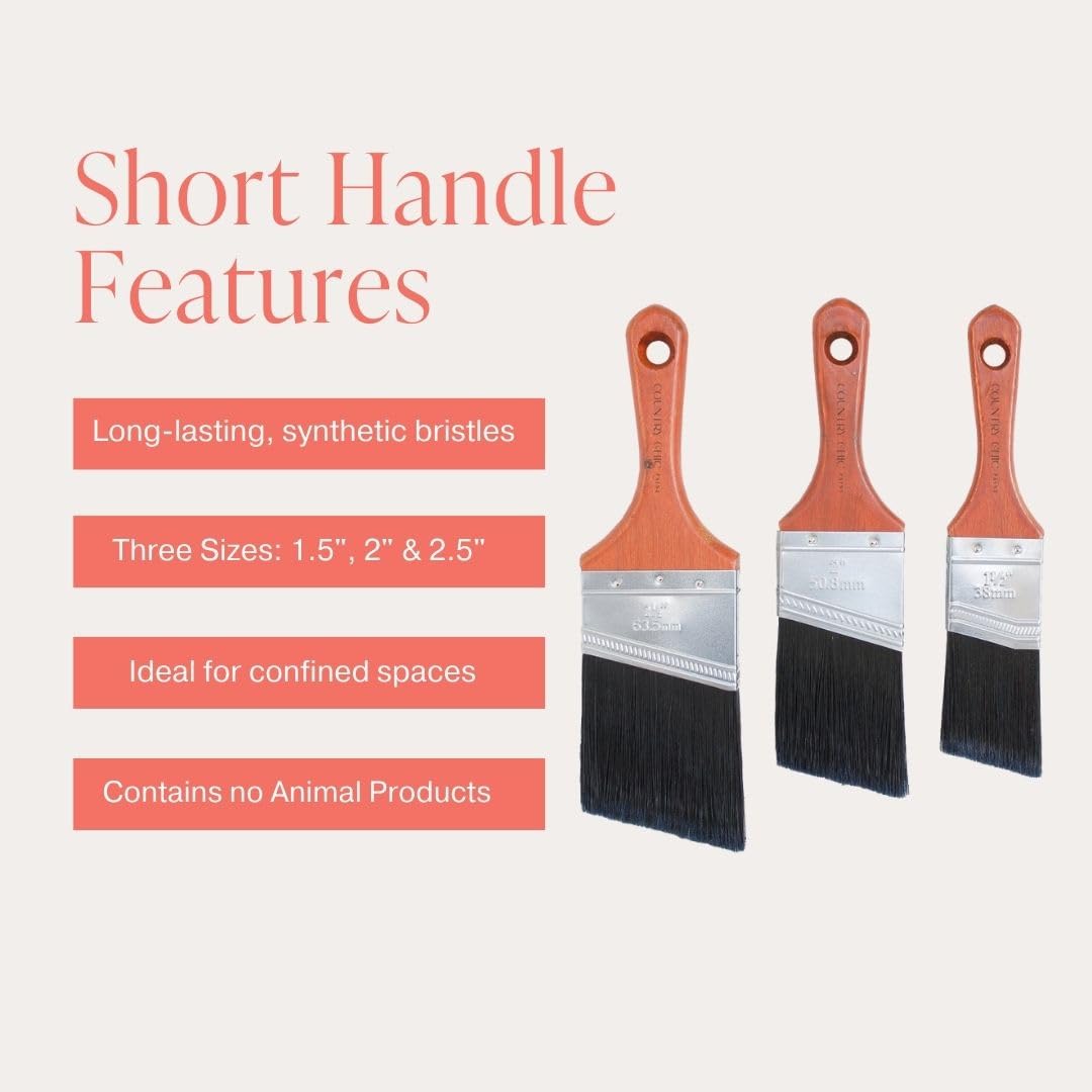 Country Chic Paint Brush - Short-Handle with Synthetic Angled Bristles for Smooth Furniture Paint Application with Minimal Brush Strokes, No Shedding, Vegan - Best for Water-Based Paint - 2.5"