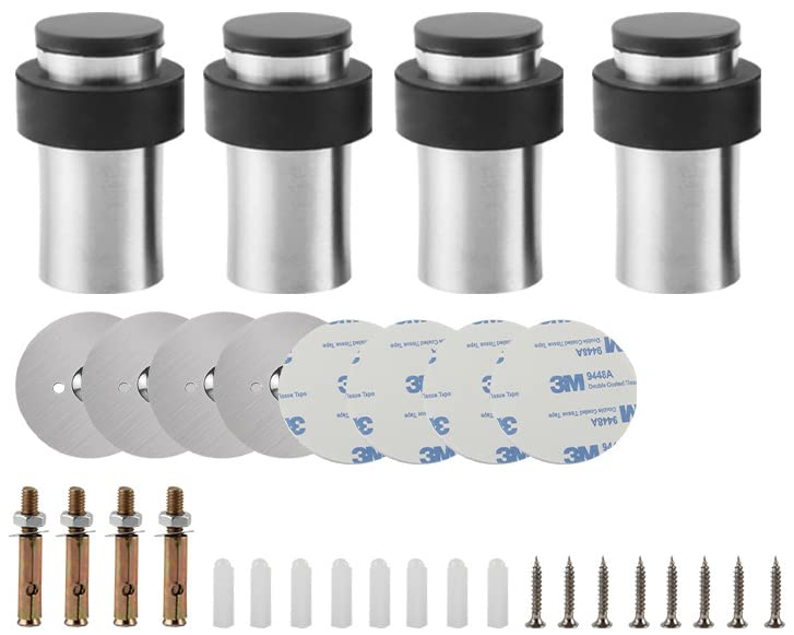 4Sets Stainless Steel Door Stop,Cylindrical Floor Mount Doorstops with Rubber Bumper Decorative