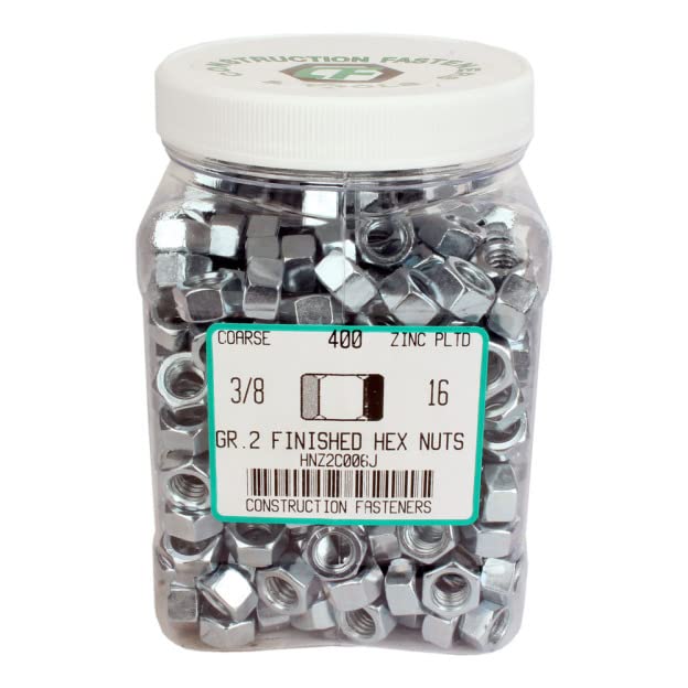 3/8" Hex Nut, Grade 2 Zinc, UNC - Jug of 400